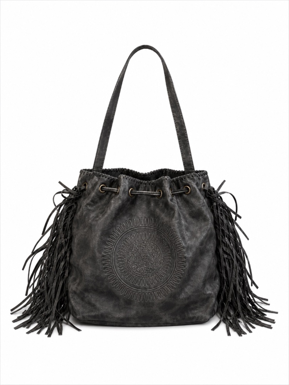 Patricia Nash Black Leather Fringe Bucket Bag Boho Drawstring Crossbody Bag